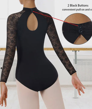 Dames Ballet Dans Leotard met Lange Mouwen, Turtleneck en Kant - Zwart
