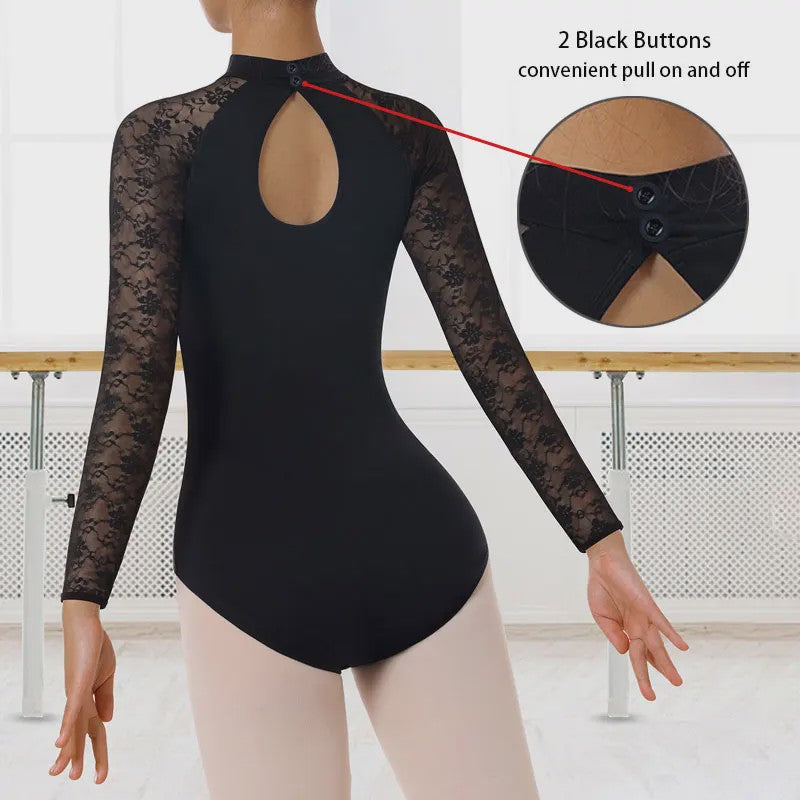 Dames Ballet Dans Leotard met Lange Mouwen, Turtleneck en Kant - Zwart