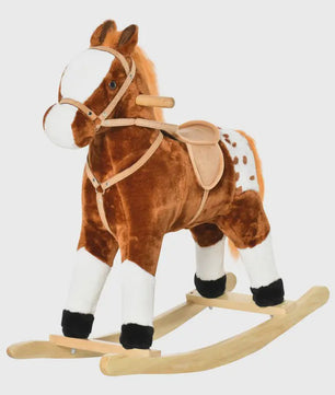 Houten Schommelpaard met Dierengeluiden - Bruin, 74x28x65 cm