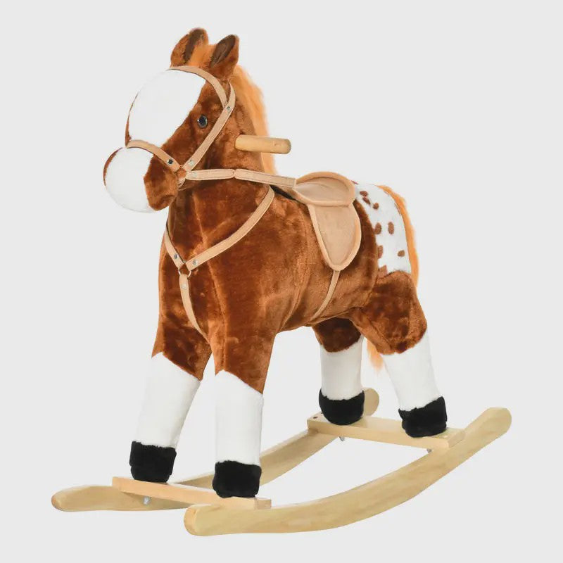 Houten Schommelpaard met Dierengeluiden - Bruin, 74x28x65 cm