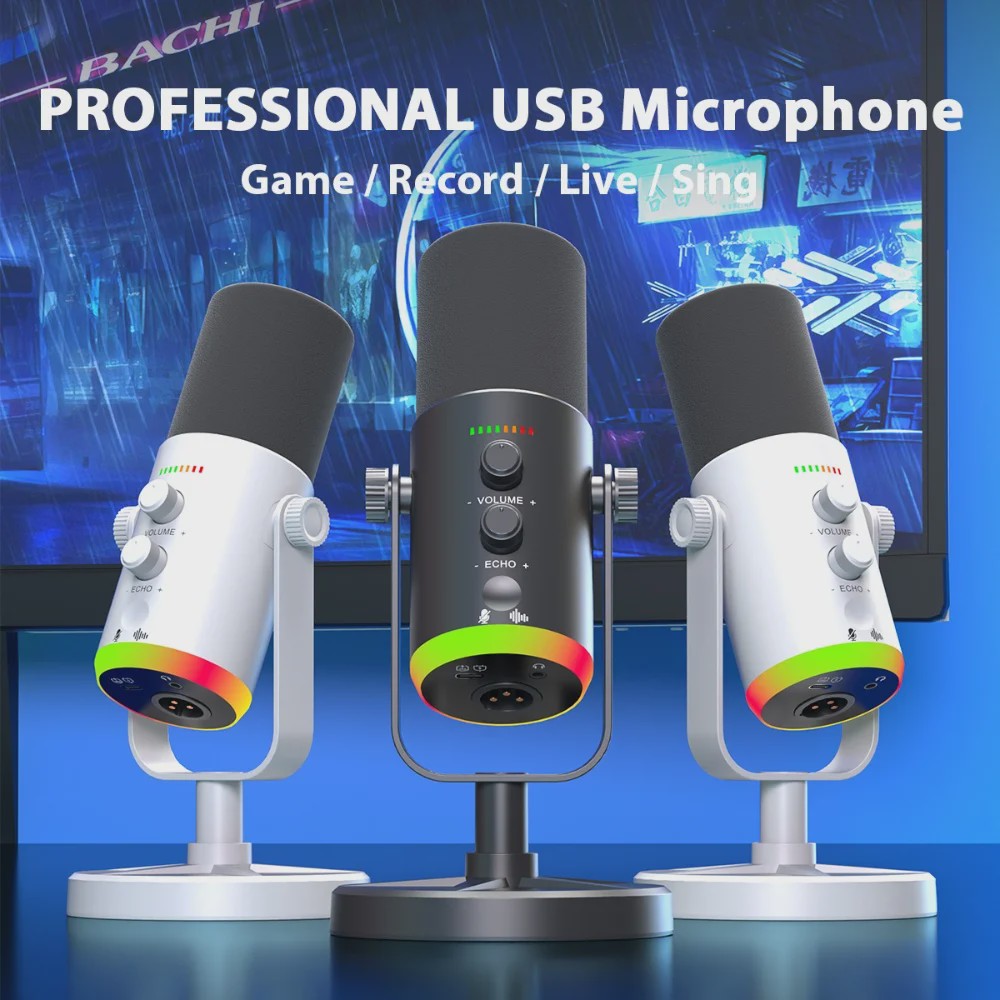 Professionele USB/XLR Microfoon met Touch Mute, RGB Verlichting & Koptelefoonaansluiting - Ideaal voor Gaming, Streaming & PC