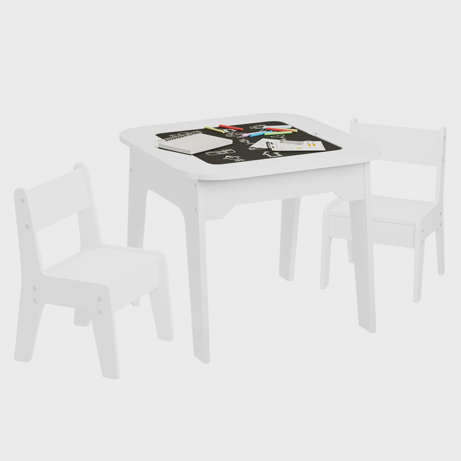 Witte Kinderbureau met 2 Stoelen, Opbergruimte en Dubbelzijdig Tafelblad