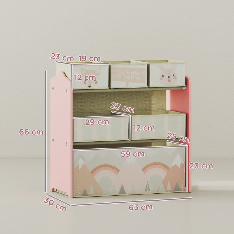 Roze Kinder Kledingkast met 6 Stoffen Opbergdozen - Schattige Motieven