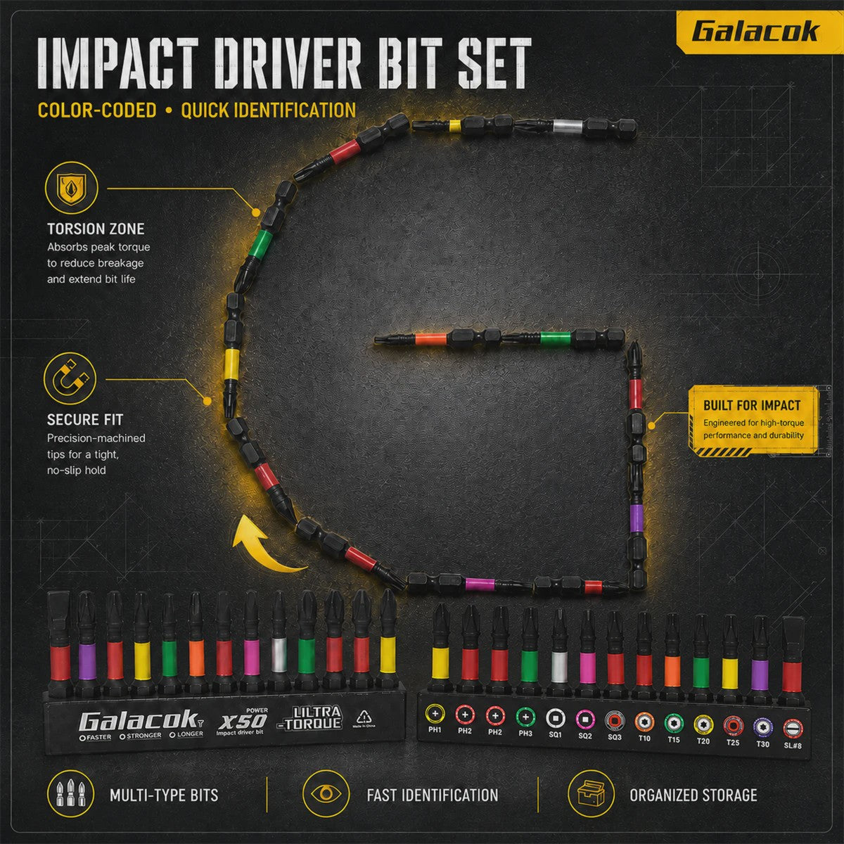 Galacok 13-delige Set Schroefbits: Impact, Magnetisch, Kleurgecodeerd