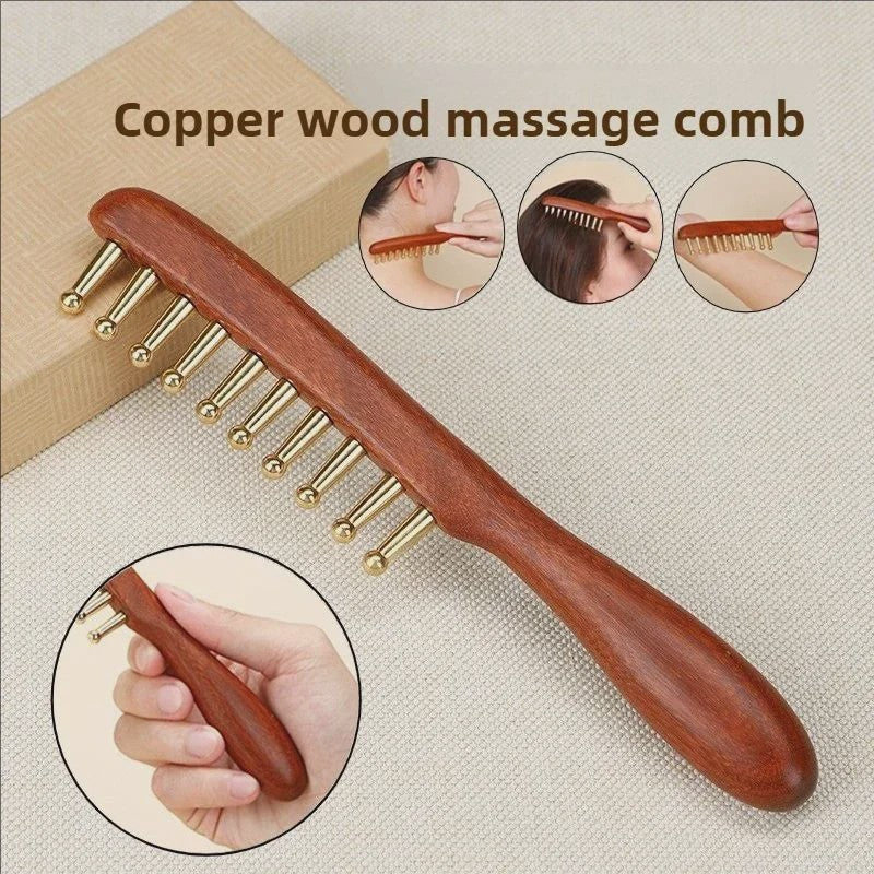 Houten Meridian Kam met Koperen Tanden & Massage Stick voor Hoofd en Lichaam