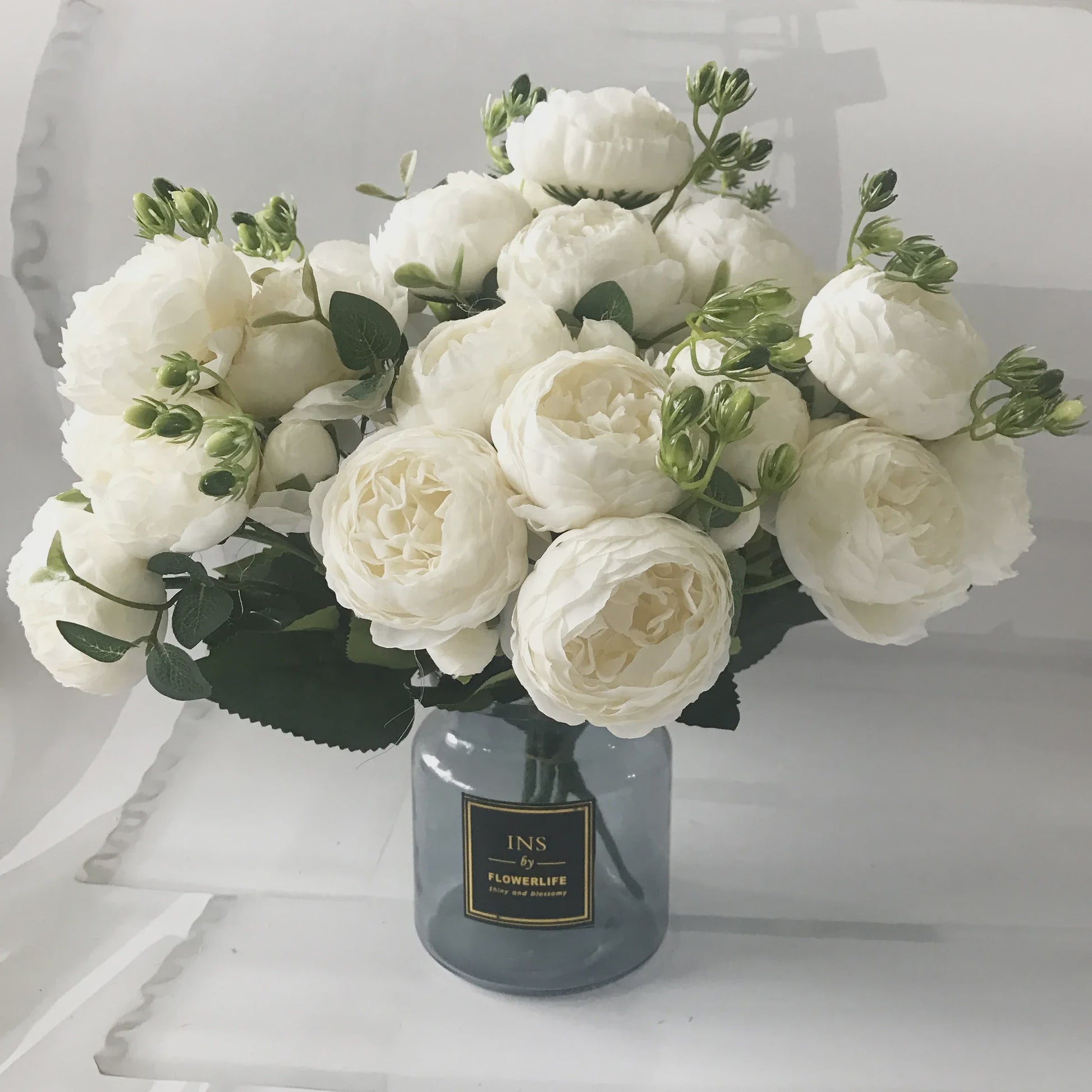 Roze Zijden Pioen Kunstboeket 30cm - 5 Grote Bloemen & 4 Knopen voor Decoratie