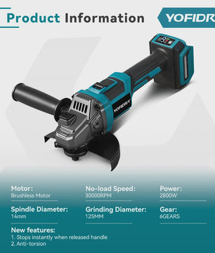 YOFIDRA Accu Haakse Slijper 125mm M14 - Borstelloze Motor, 21V Kracht