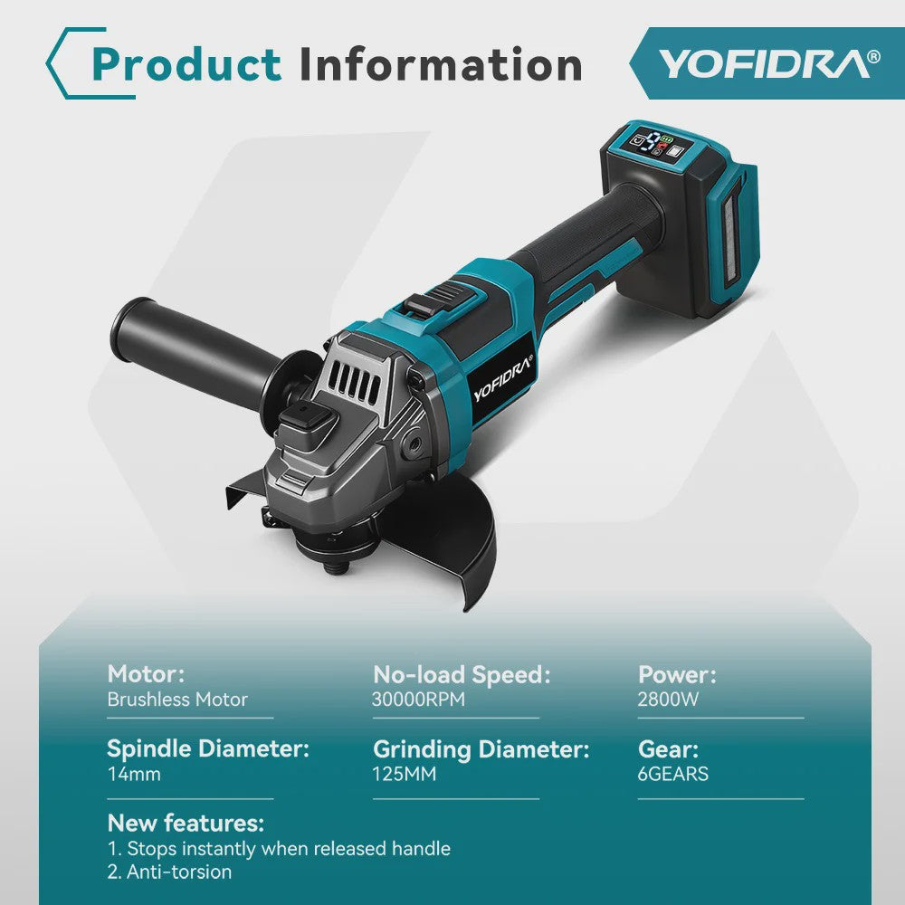 YOFIDRA Accu Haakse Slijper 125mm M14 - Borstelloze Motor, 21V Kracht