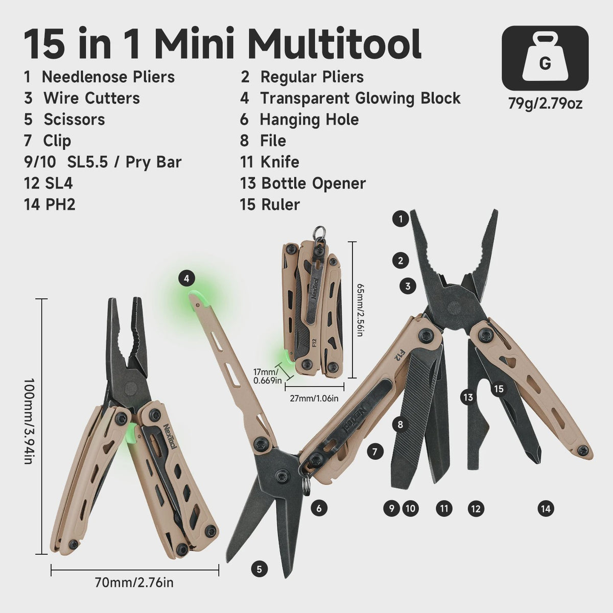 NexTool Mini Flagship F12 15-in-1 Multitool: Compacte EDC-vouwtool met tang, schaar, vijl en meer voor outdoor