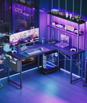 Coleshome L-vormig Gaming Bureau met LED, Stopcontacten & Opbergvak - 110x80cm - Zwart