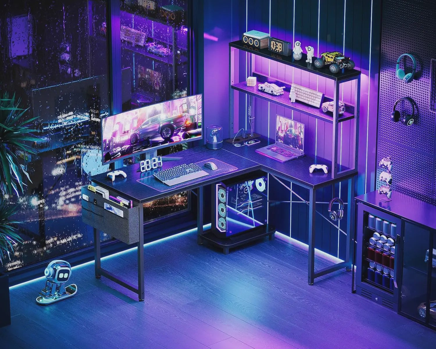 Coleshome L-vormig Gaming Bureau met LED, Stopcontacten & Opbergvak - 110x80cm - Zwart