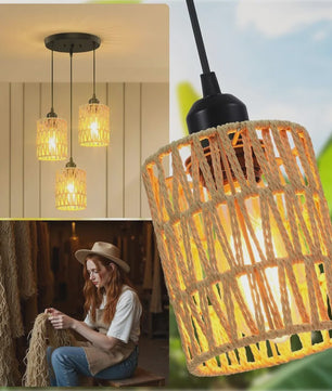 3-Lichts Rotan Hanglamp - Farmhouse Boho Stijl met Wicker Kappen voor Eetkamer, Keuken & Slaapkamer