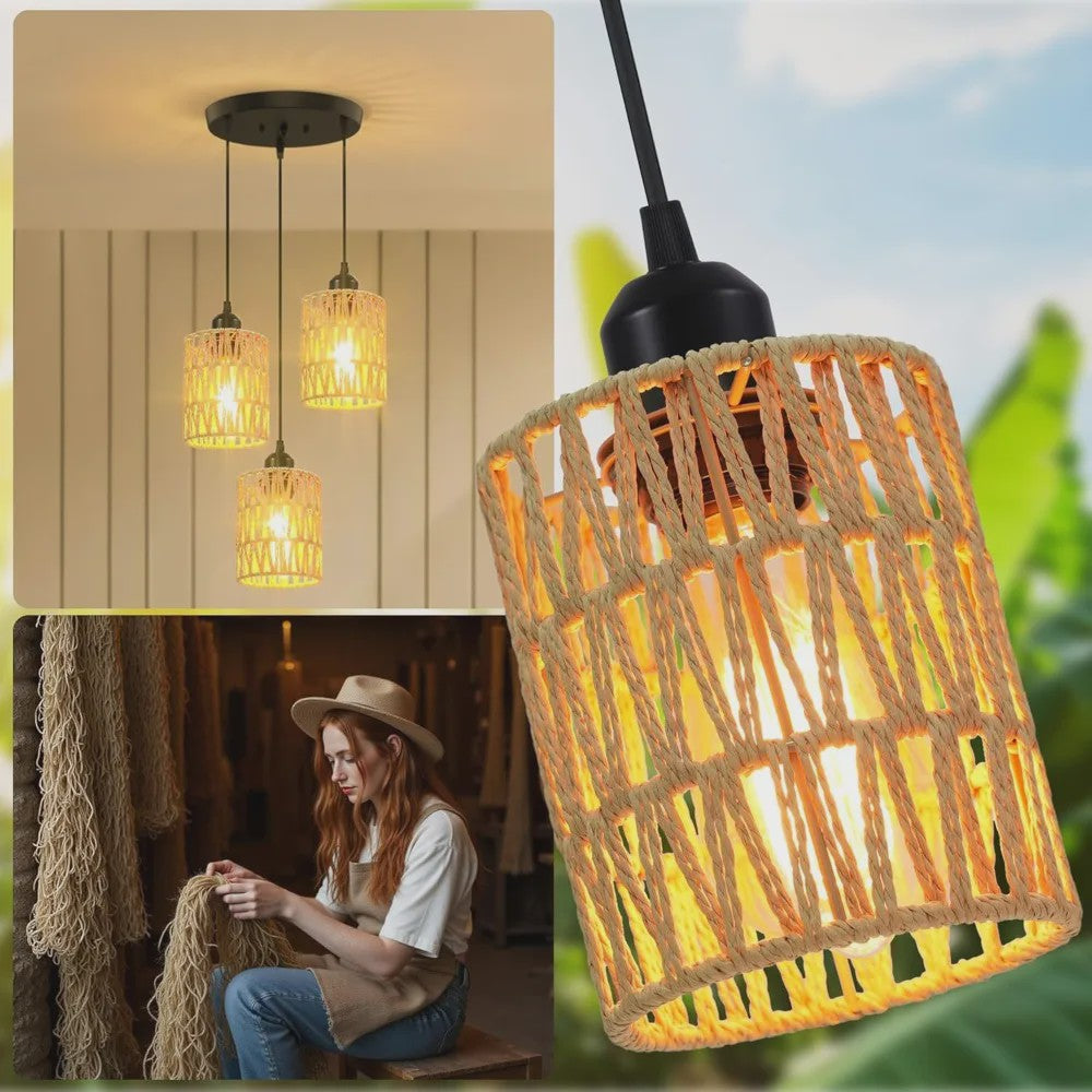 3-Lichts Rotan Hanglamp - Farmhouse Boho Stijl met Wicker Kappen voor Eetkamer, Keuken & Slaapkamer