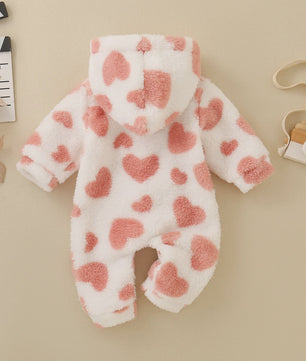 Baby Jumpsuit met Hartjesprint - Warm Fleece Romper met Capuchon voor Peuters en Baby's