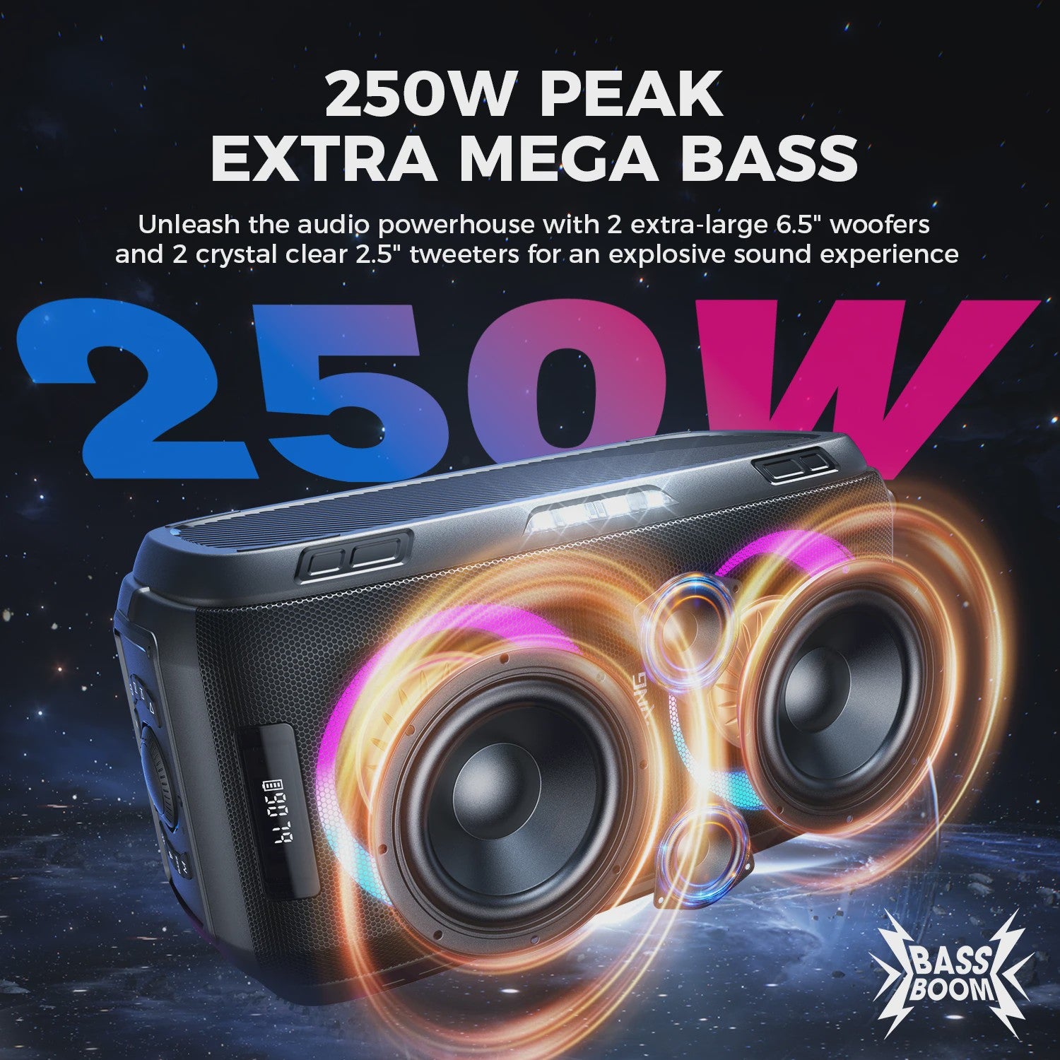 W-KING 250W Krachtige Party Bluetooth Speaker met 120dB Geluid, 12 Custom Bass & Draagbaar Ontwerp - Bluetooth 5.3