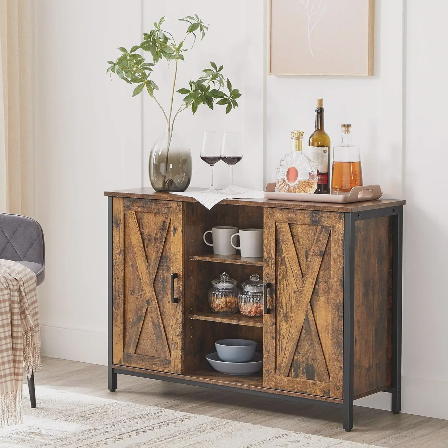 VASAGLE Sideboard Keukenkast met Open Planken - 100x35x70 cm - Rustiek Hout & Zwart Metaal
