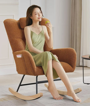 Zachte Bouclé Babymassage Schommelstoel - Gestoffeerde Fauteuil met Hoge Rug & Zijvak