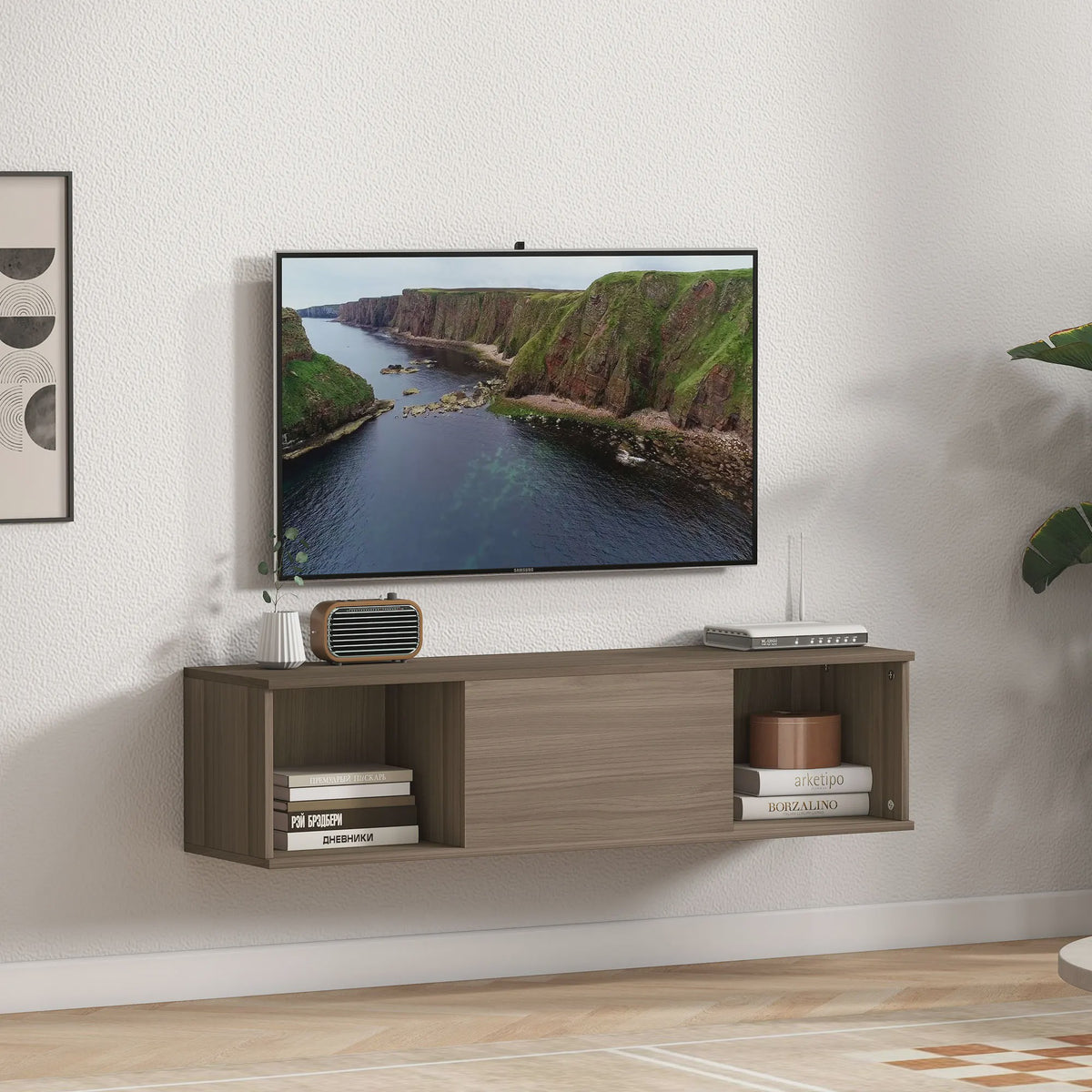 Zwevende TV-kast met 2 Open Vakken en Klapdeur - 180 cm Breed - Bruin