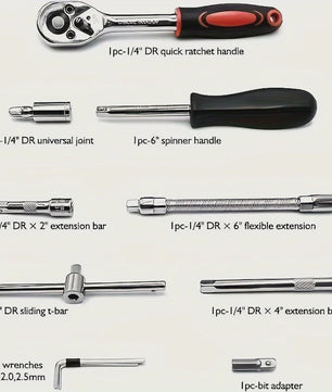 46-delige 1/4 inch doppenset met ratel en bits – Complete gereedschapskit voor motor en auto