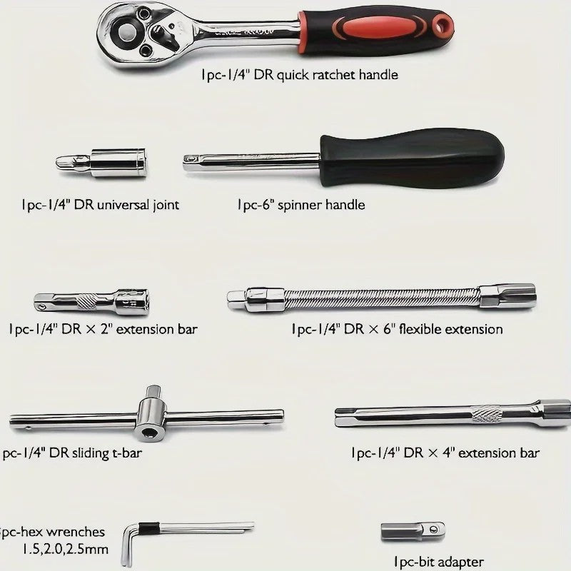 46-delige 1/4 inch doppenset met ratel en bits – Complete gereedschapskit voor motor en auto
