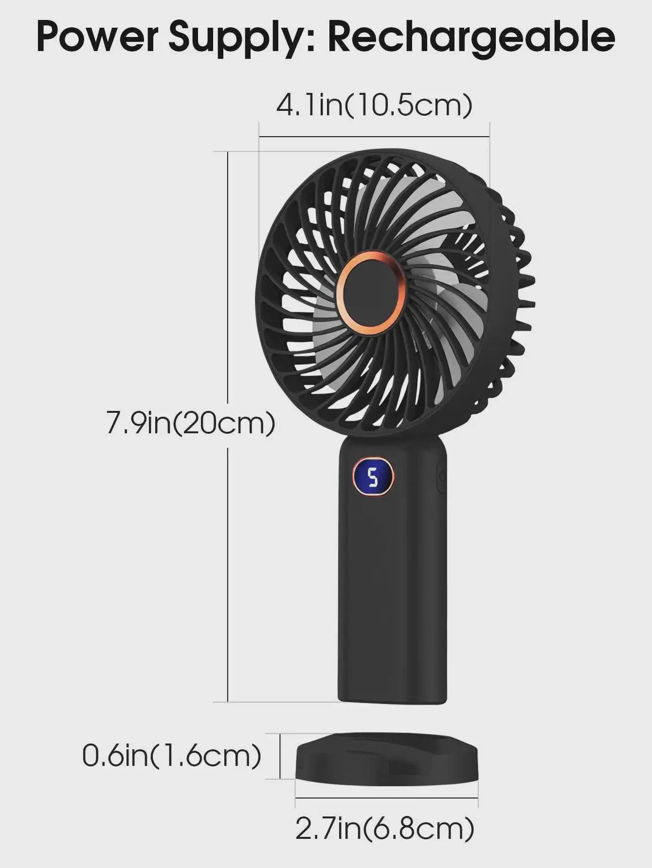 Draagbare Handventilator met Digitale Display en 5 Snelheden, USB Oplaadbaar