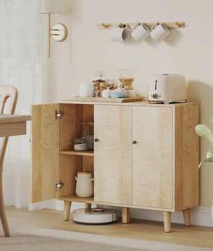 HOMCOM Buffetkast met 3 Deuren, Visgraatmotief en Houten Poten - Natuurlijk Hout, 88x30x76cm