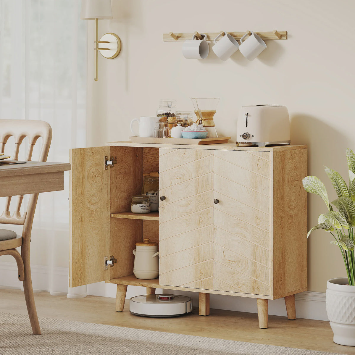 HOMCOM Buffetkast met 3 Deuren, Visgraatmotief en Houten Poten - Natuurlijk Hout, 88x30x76cm