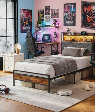 Modern Metalen Bed 90x200cm met LED Verlichting, Opbergkopstuk en USB-poorten