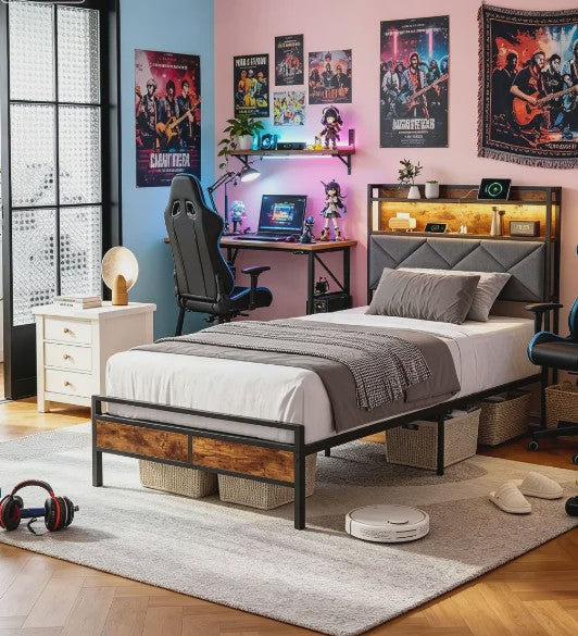 Modern Metalen Bed 90x200cm met LED Verlichting, Opbergkopstuk en USB-poorten