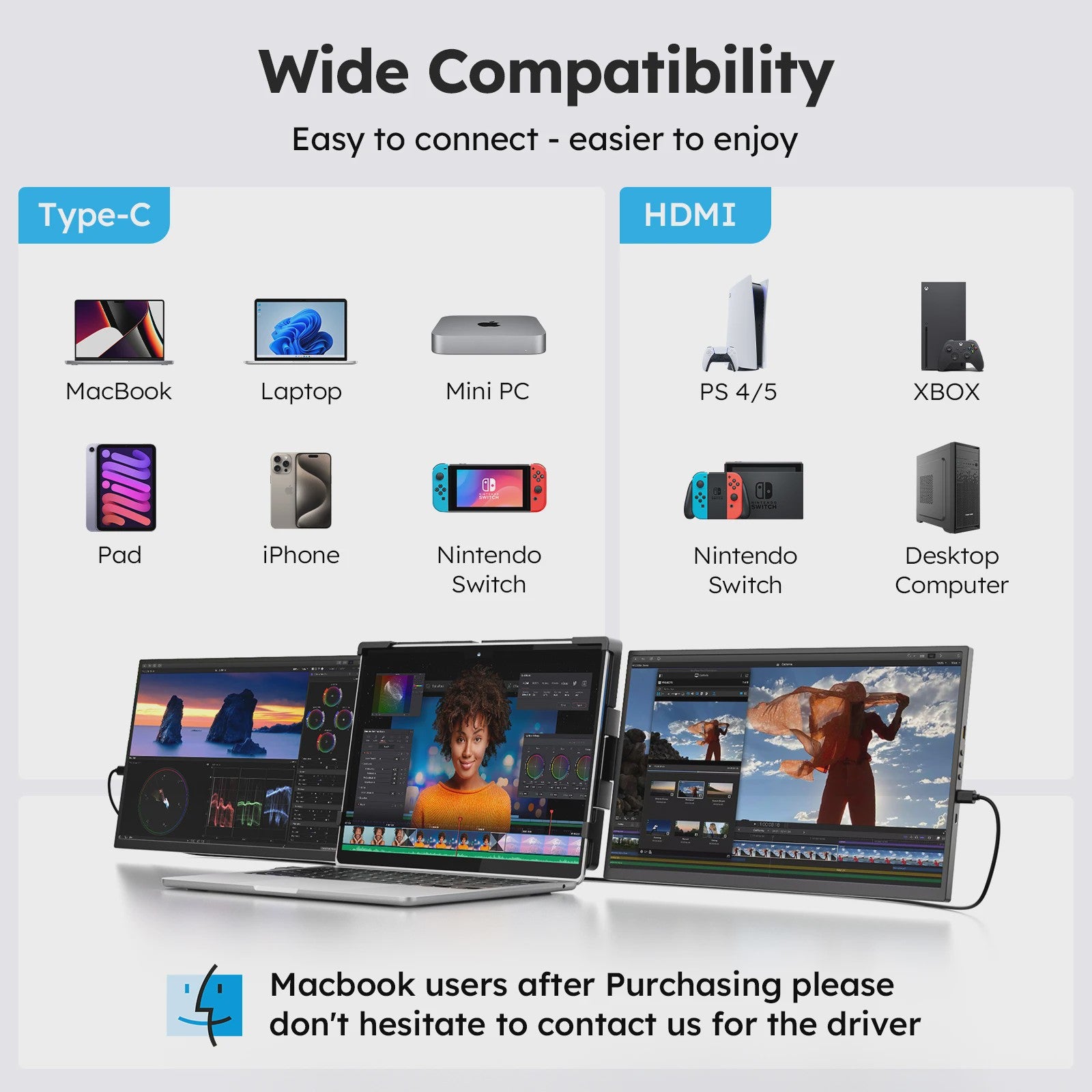 15.6" Triple Screen Extender: 2x FHD IPS Externe Monitors voor Laptops (13-17")