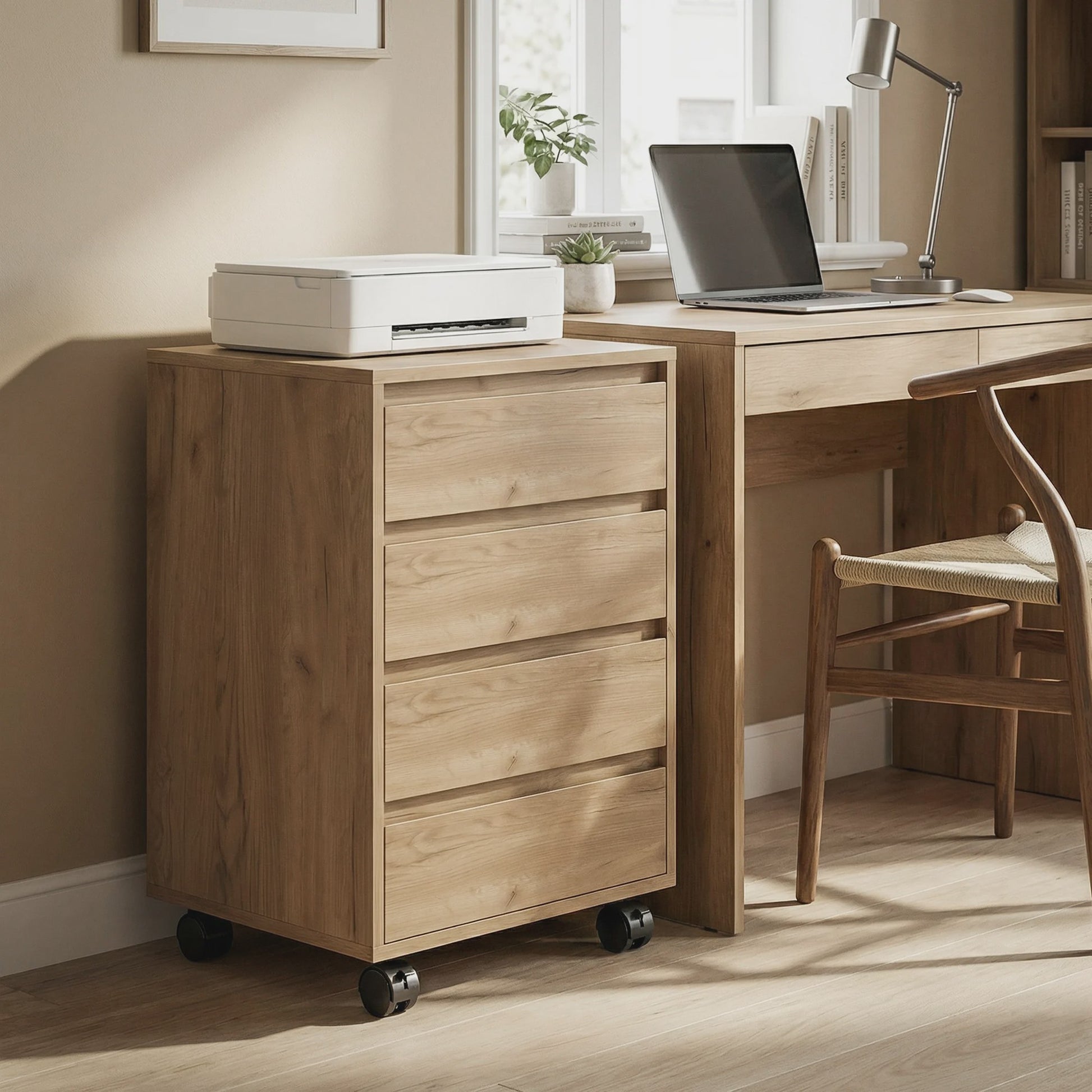 Mobiele Ladekast met 4 Lades - Bureau Ladekast op Wielen - 46x40x65 cm - Bruin