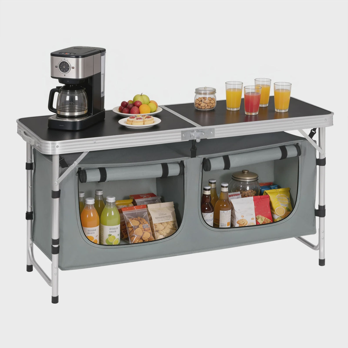 WOLTU Aluminium Vouwbare Picknicktafel met Opbergvakken en In hoogte Verstelbare Poten