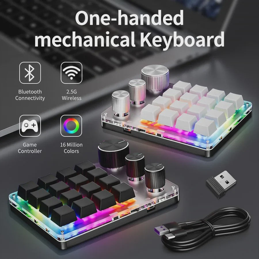 Compact Mechanisch Macro Toetsenbord met Draaiknop - 3 Modi (2.4G, Bluetooth, USB)
