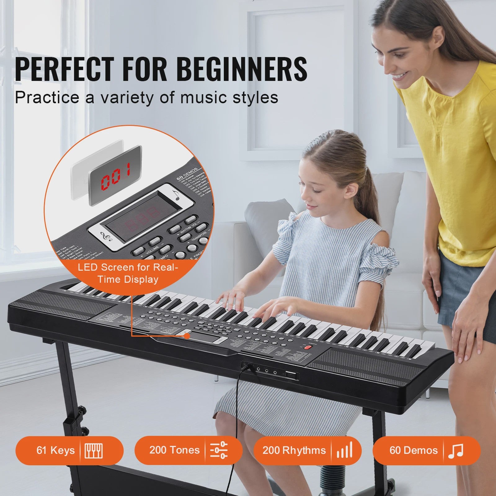 Digitale Keyboard Piano 61 Toetsen - Draagbaar, 200 Tones & 200 Rhythms - Ideaal voor Beginners