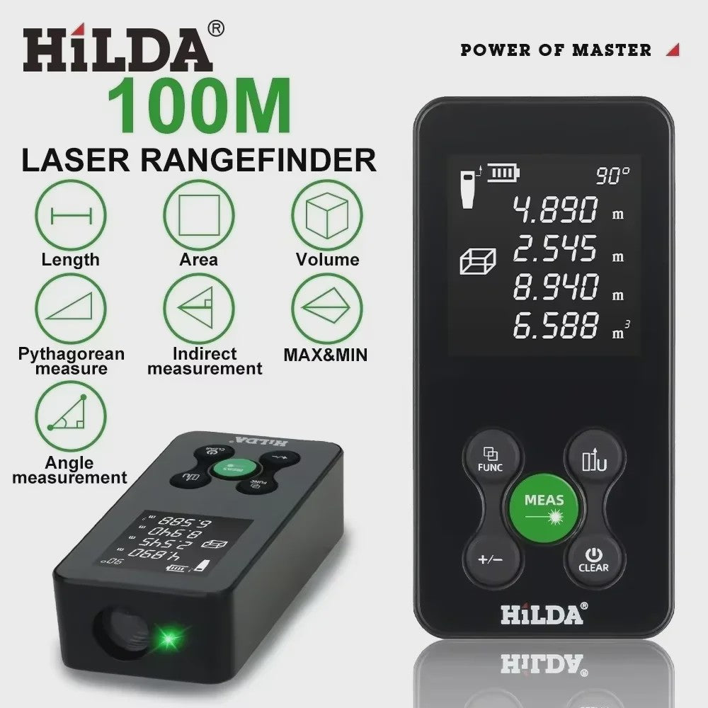HILDA Laser Afstandsmeter 100M - Oplaadbaar met Hoekmeting en Digitale Meetlint Functie