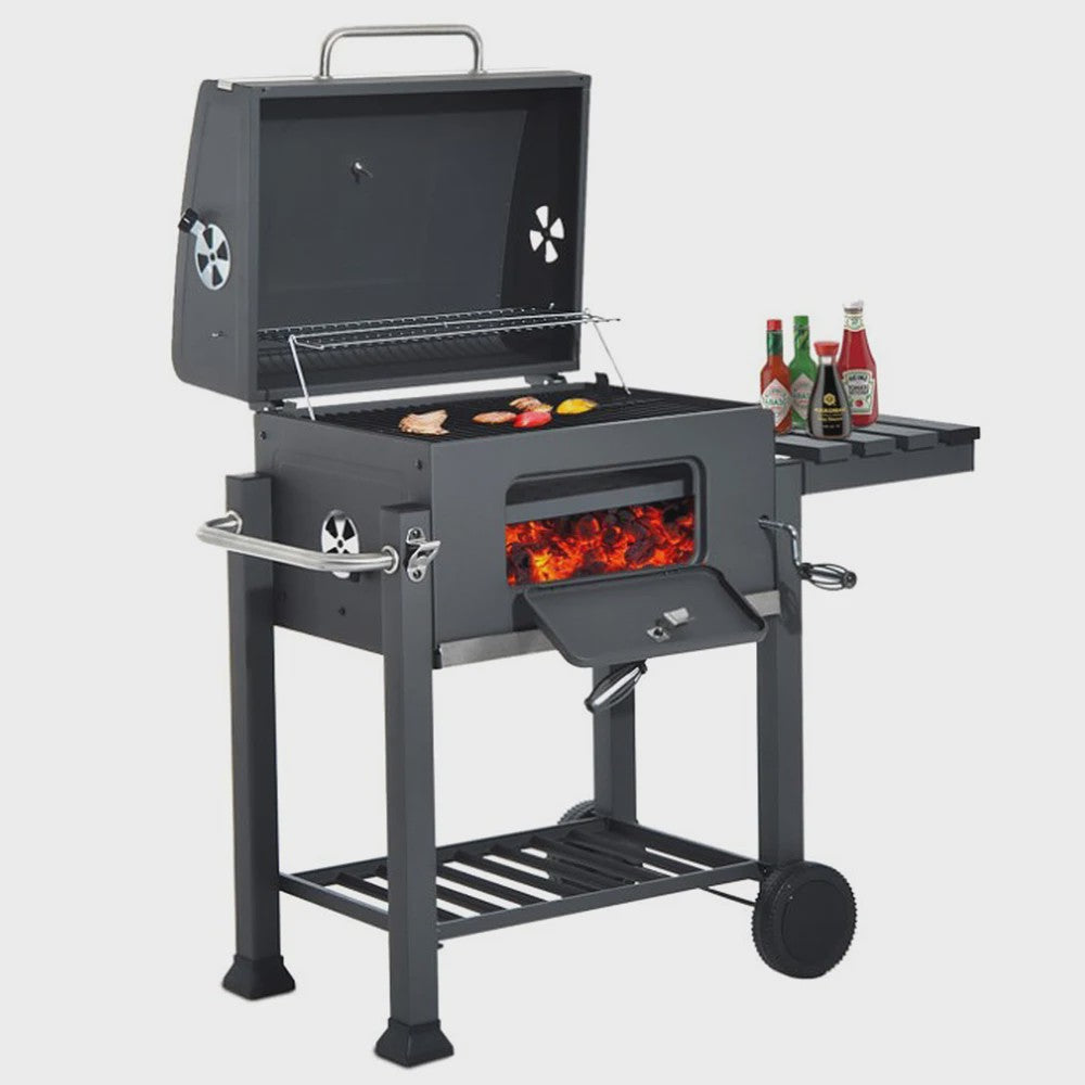 Stevige Houtskool Barbecue Grillwagen met Verstelbare Kolenlade en Handige Haken