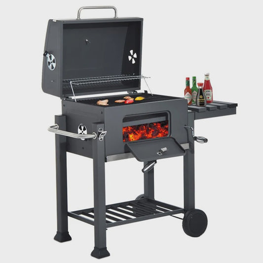 Stevige Houtskool Barbecue Grillwagen met Verstelbare Kolenlade en Handige Haken