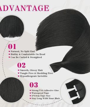 Remy Tape-in Hair Extensions - 100% Echt Menselijk Haar, Natuurlijk Zwart, Naadloos
