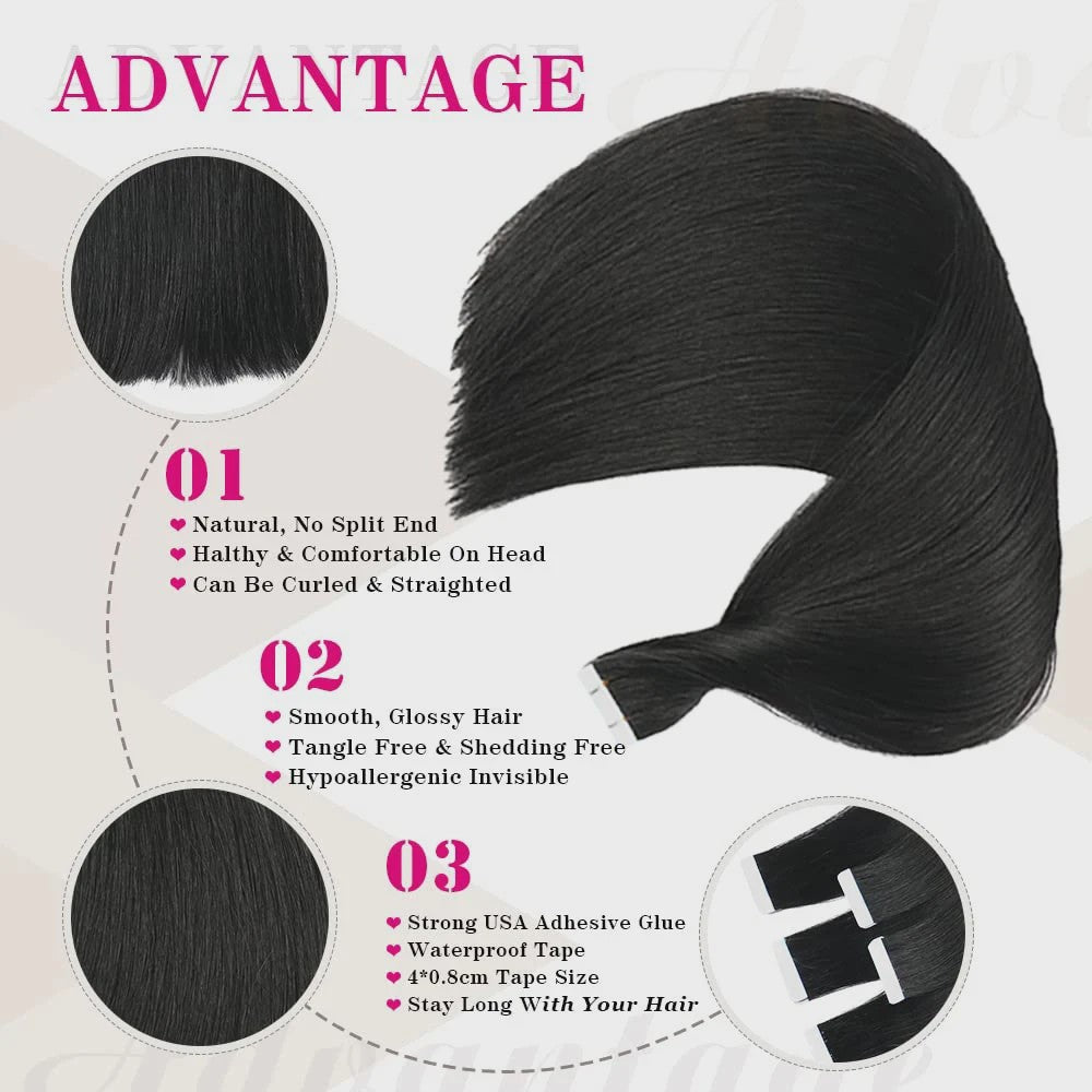 Remy Tape-in Hair Extensions - 100% Echt Menselijk Haar, Natuurlijk Zwart, Naadloos