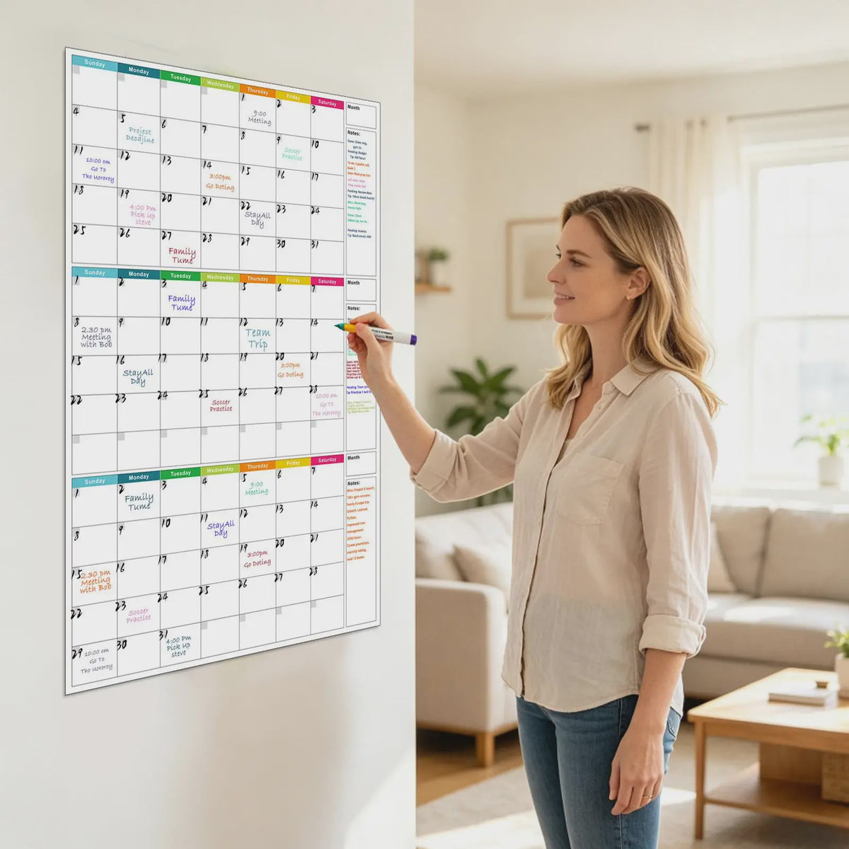 Herbruikbare Driemaanden Whiteboard Kalender & Planbord - OngeДата Wandplanner met 4 Markers