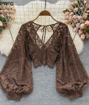 Elegante Dames Blouse met Kant en Lantaarnmouwen - V-hals & Backless
