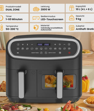 Dubbele Zone Airfryer 10L met Kijkvenster & LED Touchscreen - Compacte Mini Oven