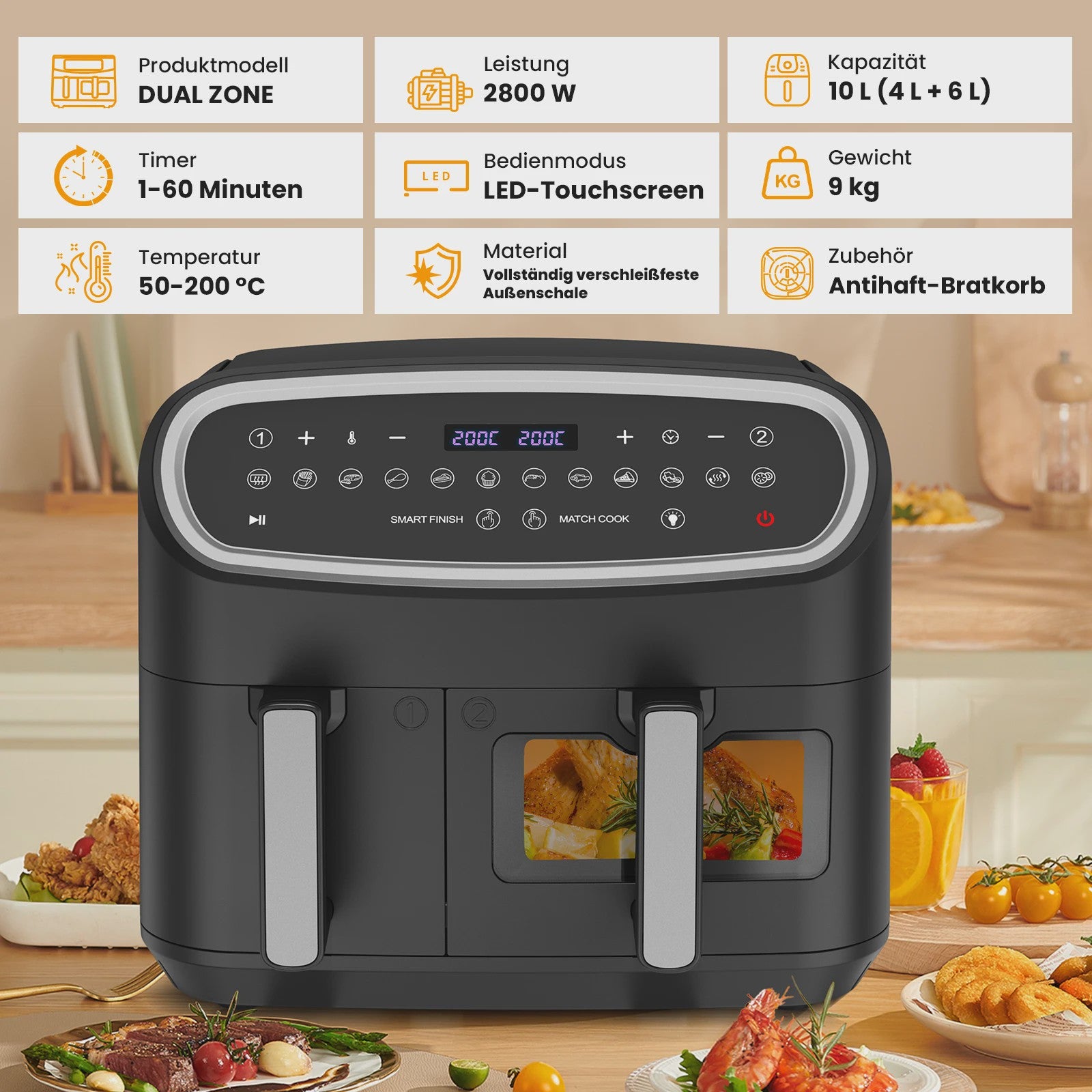 Dubbele Zone Airfryer 10L met Kijkvenster & LED Touchscreen - Compacte Mini Oven