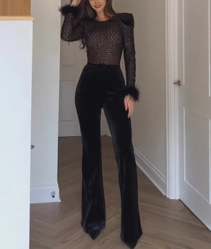 Elegante Dames Jumpsuit met Fluweel en Pailletten - Lange Mouwen & Flared Broek