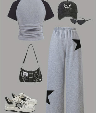 Set Meisjes: Trendy Grijs Trainingspak met Sterrenprint - T-shirt & Wijde Broek