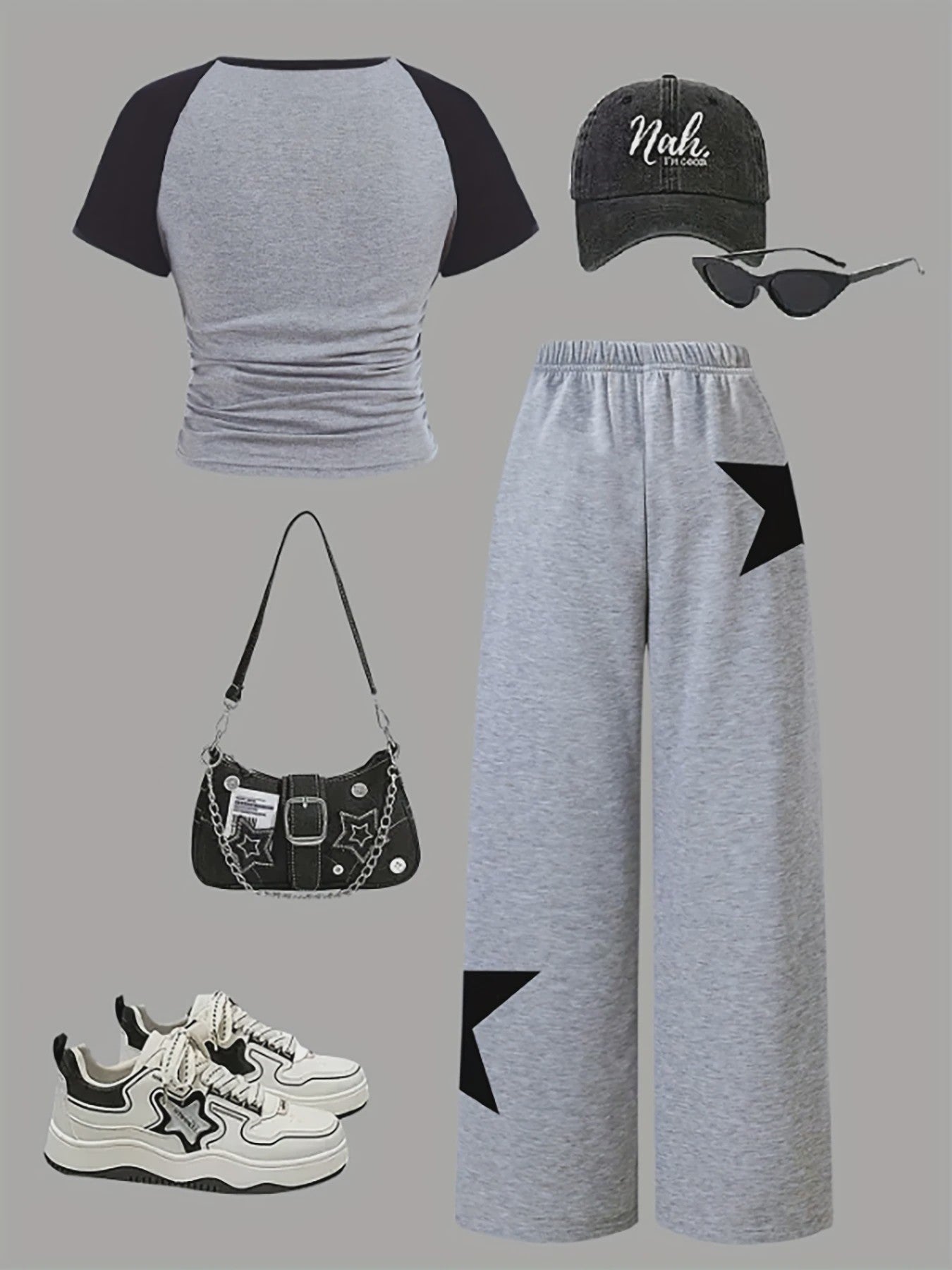 Set Meisjes: Trendy Grijs Trainingspak met Sterrenprint - T-shirt & Wijde Broek