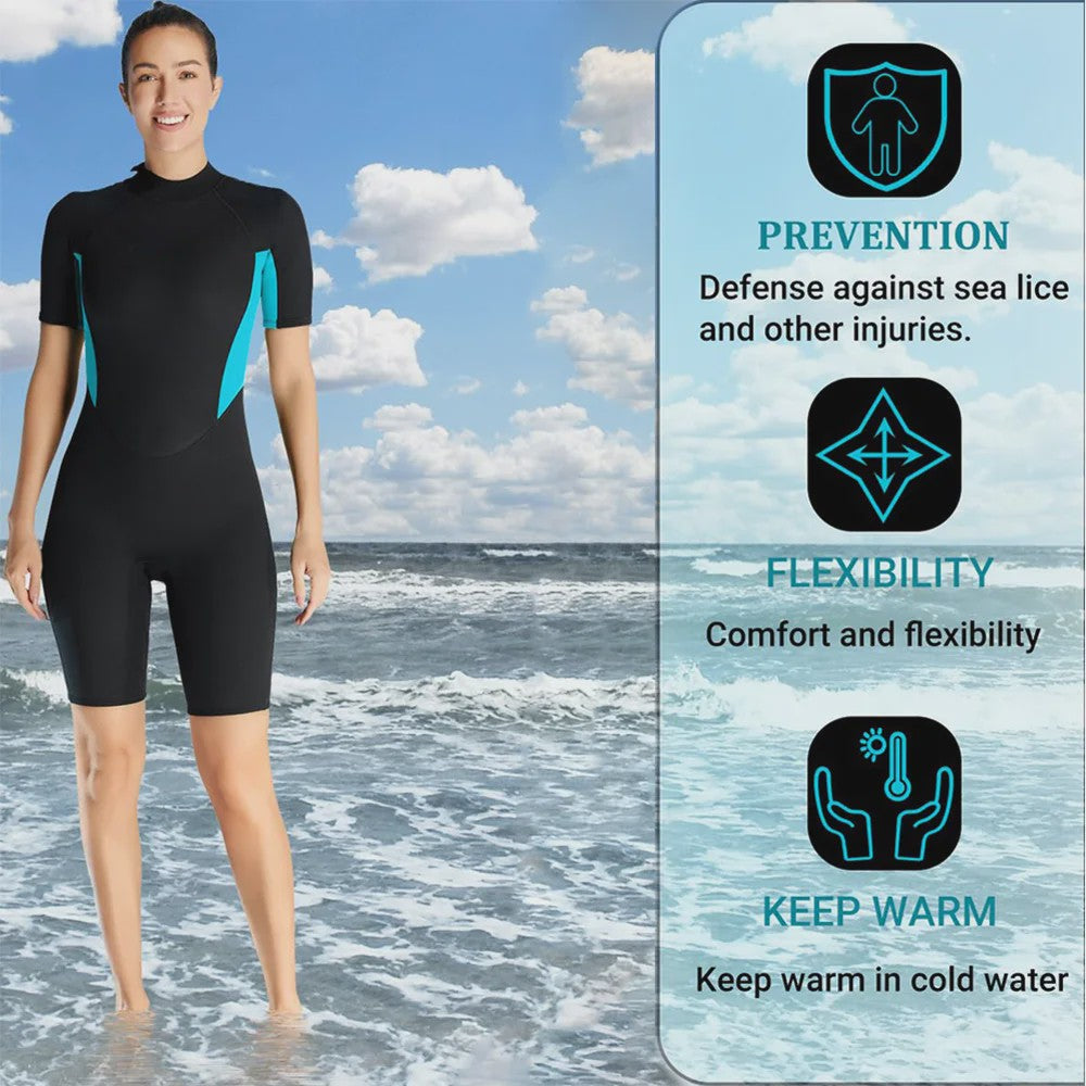 Dames 3mm Neopreen Shorty Wetsuit met Korte Mouwen en Rugrits - Perfect voor Watersport
