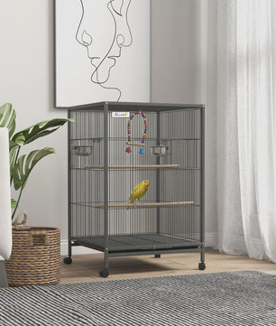 PawHut Vogelkooi op wielen met schommel, zitstokken en lade - Zwart Staal, 48x46x78 cm