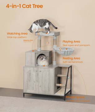 Moderne 4-in-1 Kattenboom met Kattenbakmeubel, Groot Platform, Trapjes en Pompom