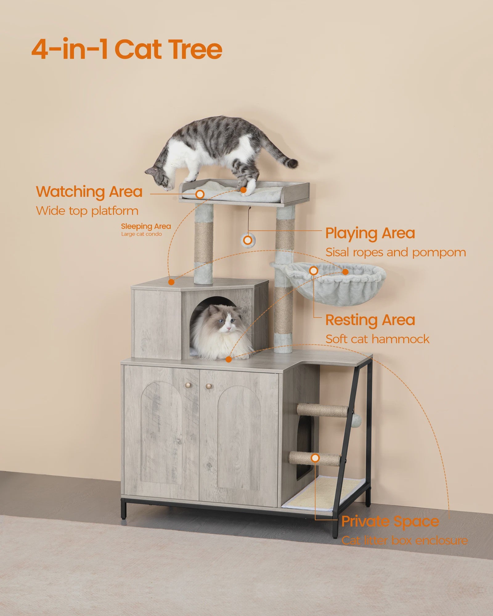 Moderne 4-in-1 Kattenboom met Kattenbakmeubel, Groot Platform, Trapjes en Pompom